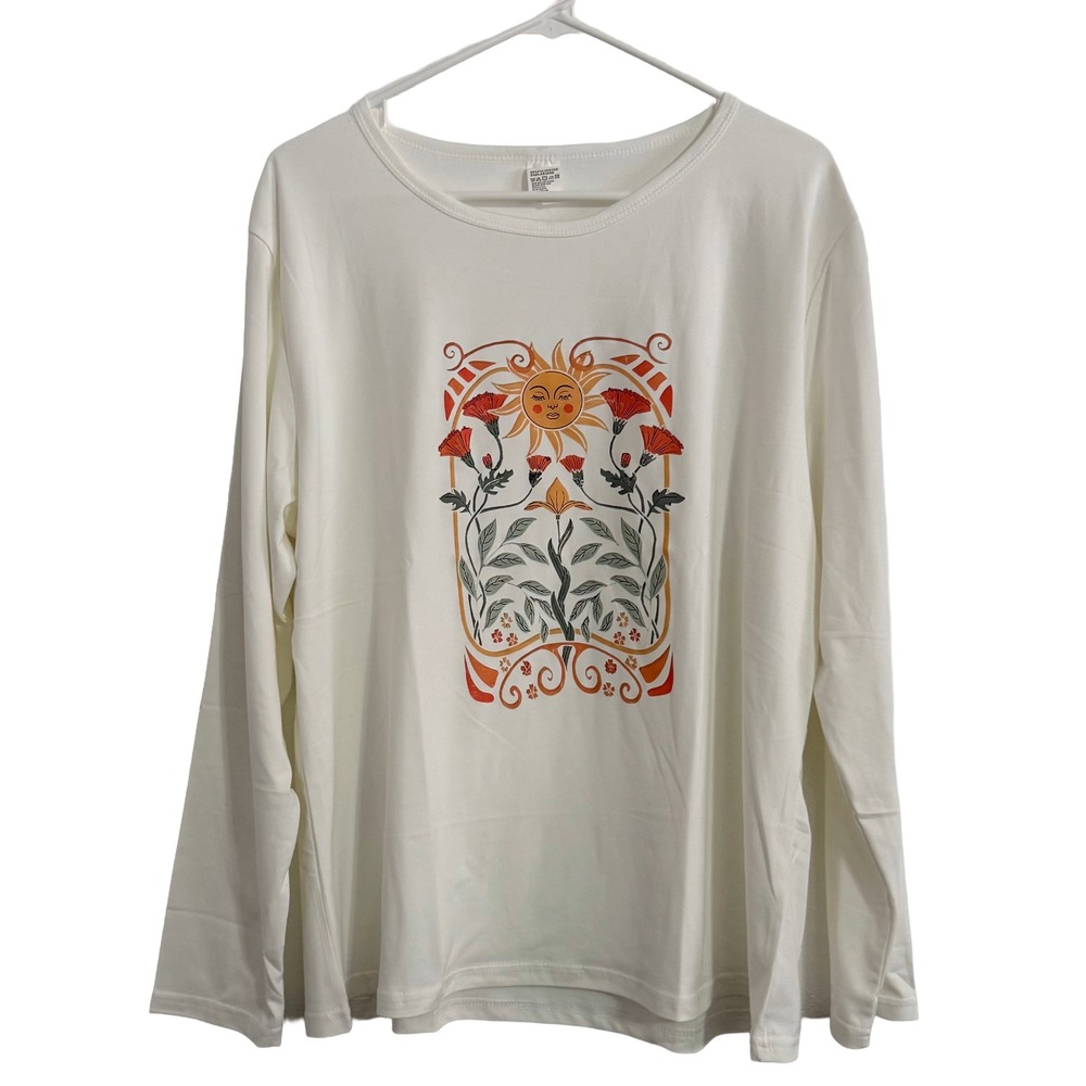 Unbranded Women Cream Sun and Poppy Graphic Long Sleeve Tee 1XL Boho Art Nouveau